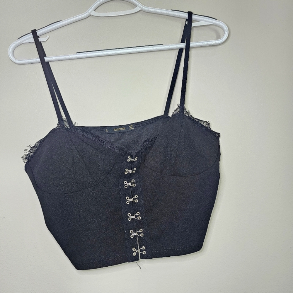 Hesperus Black Lace Trim Corset Cami Crop Hook & Eye Front Closure